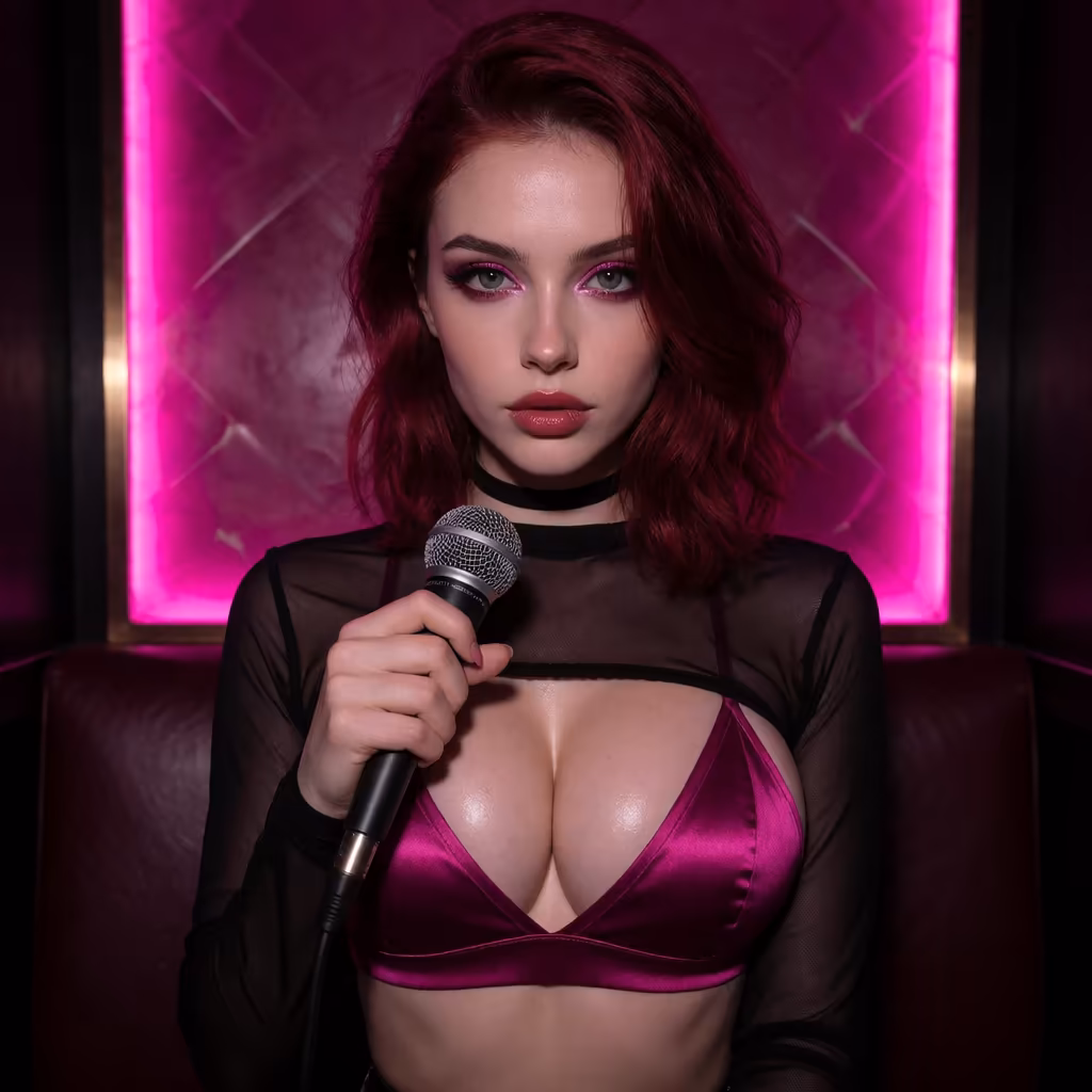 ai dating sim — a character portrait shot in a karaoke setting