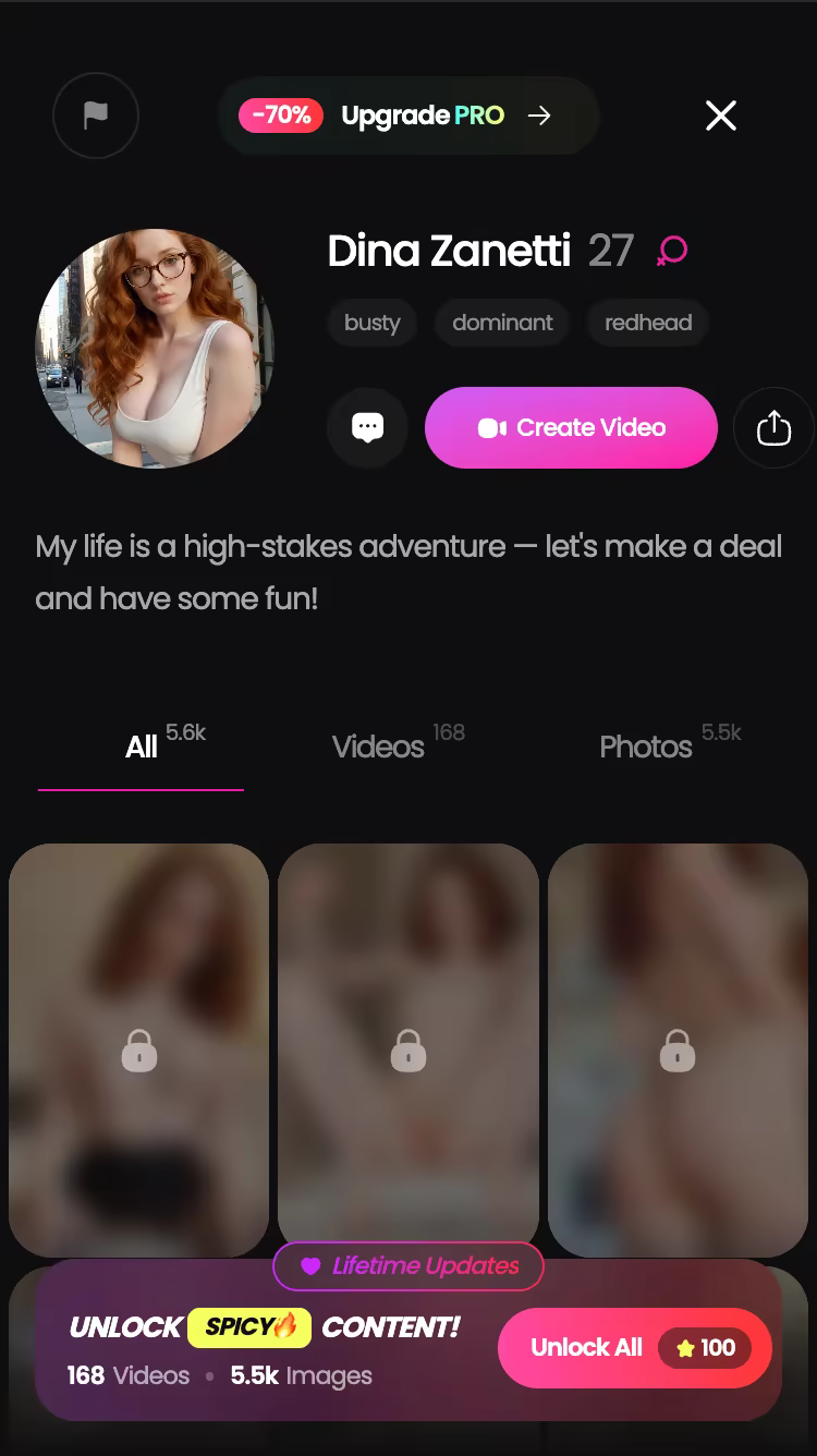 GoLove.ai character profile with her video and photo library — girlfriend gpt