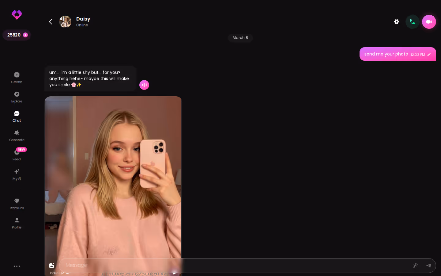 A long, playful GoLove.ai desktop chat thread with photos delivered inline