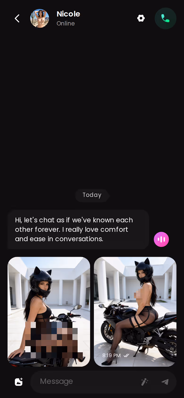 GoLove.ai chat thread on mobile showing the voice-note button and an in-chat photo reply