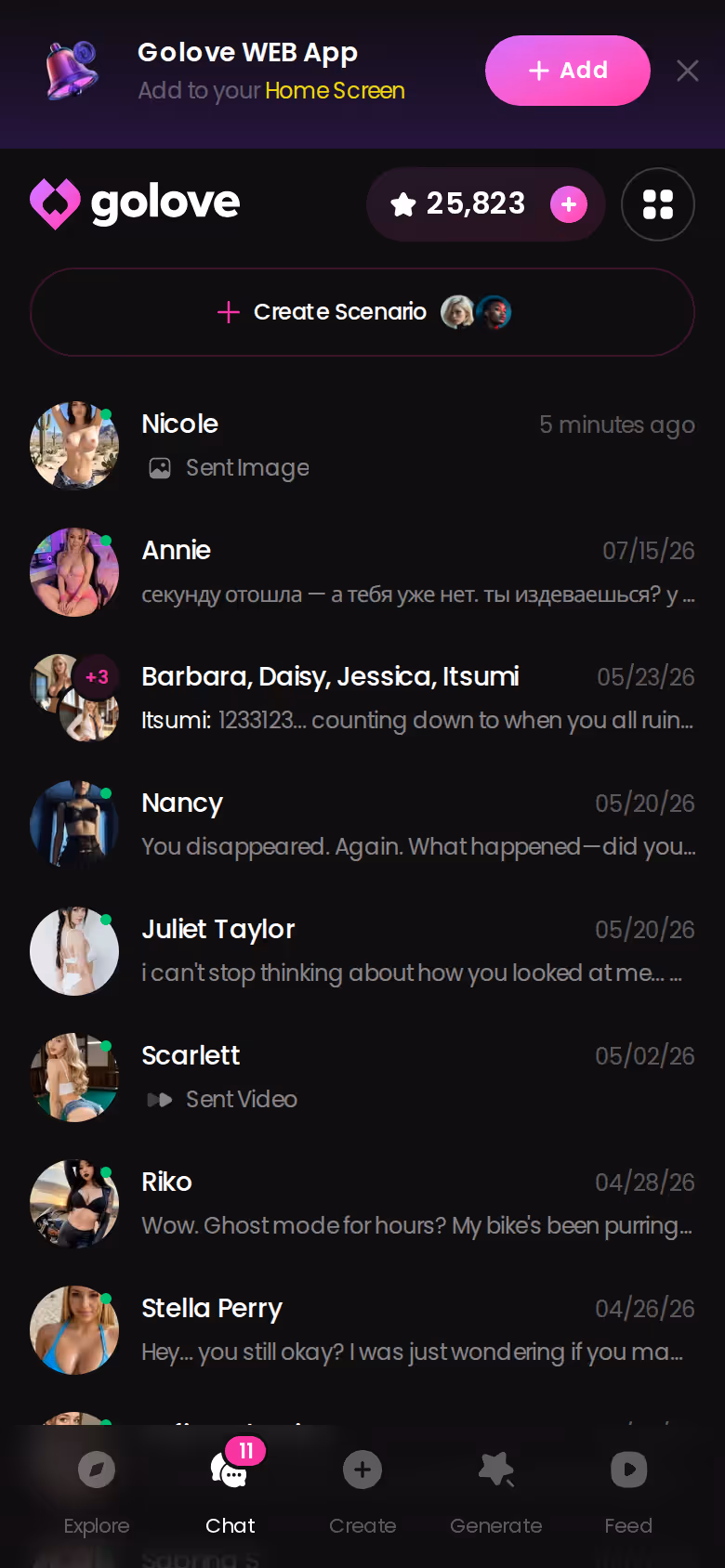 GoLove chats page on mobile — every conversation listed per character, ready to reopen or remove