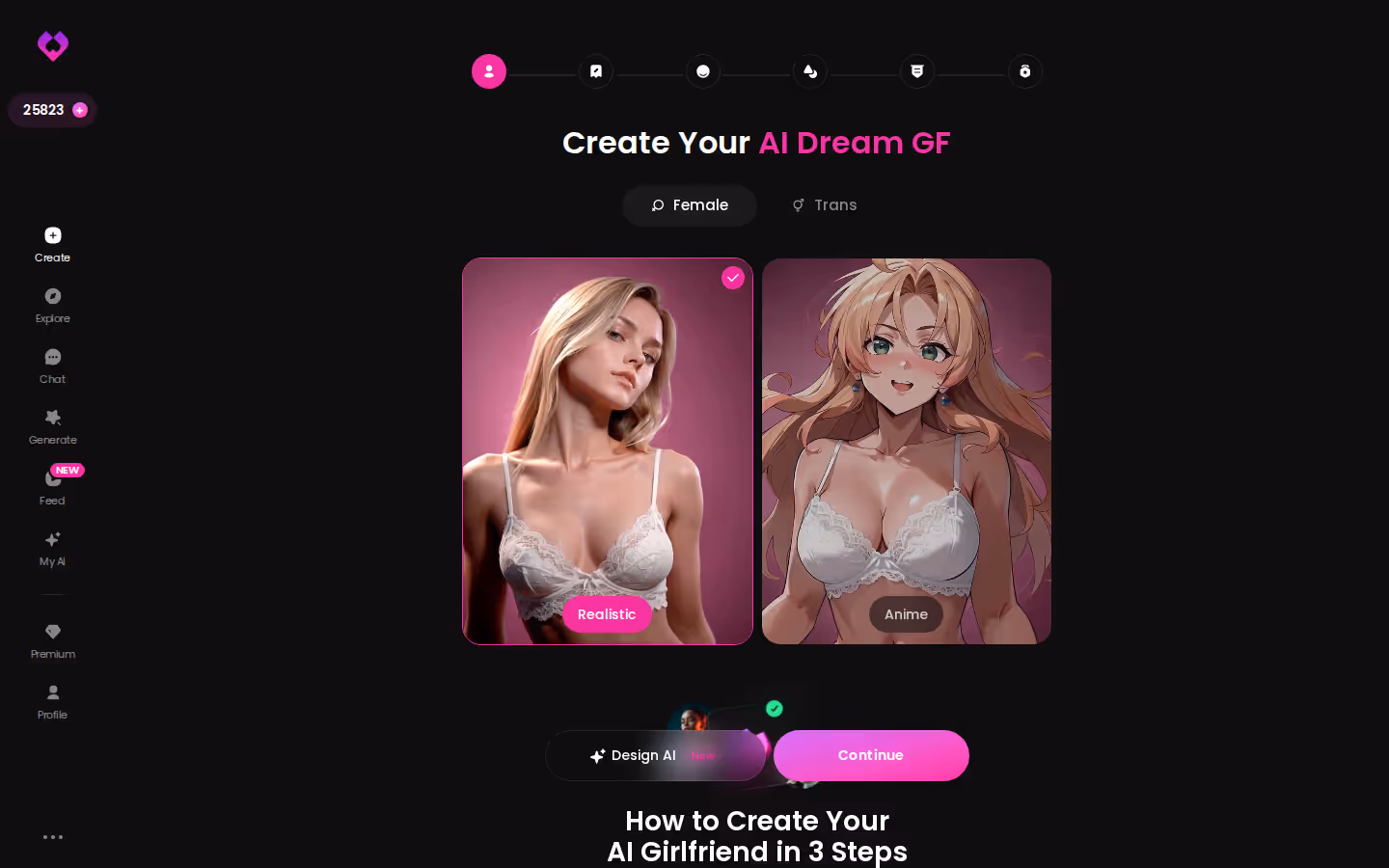 GoLove Create wizard start screen on desktop with Realistic, Anime and Trans cards