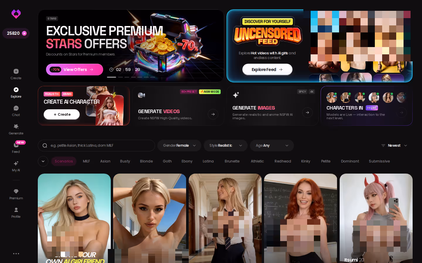 GoLove.ai Explore top — promo banners, tag filters and the character grid — asian ai porn
