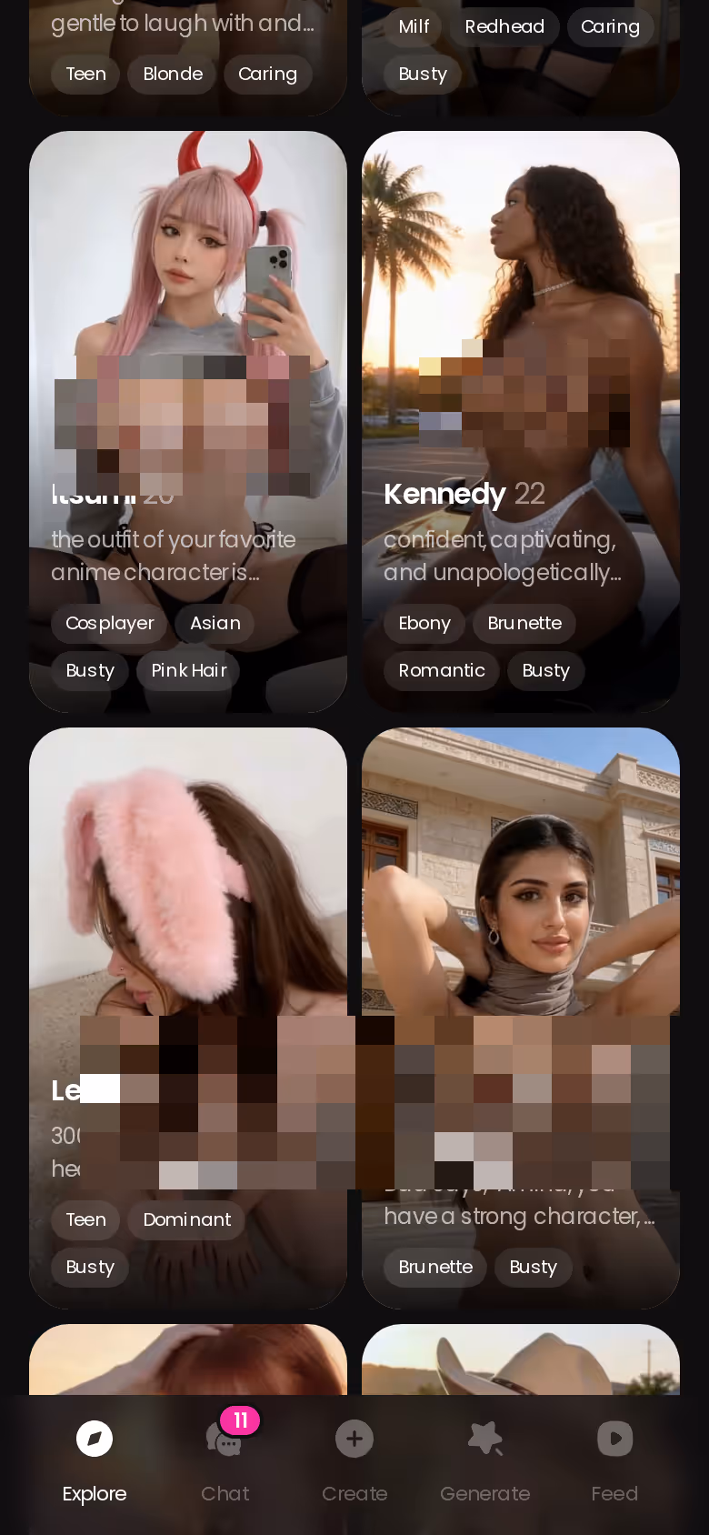 GoLove Explore roster on mobile — realistic characters you can open and chat with instantly