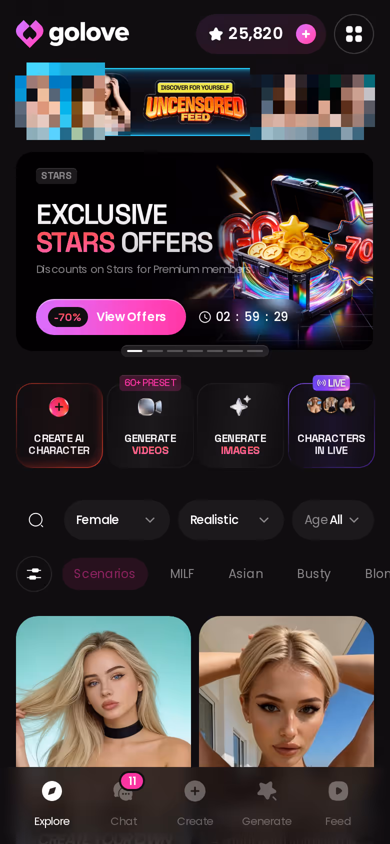 Mobile GoLove.ai Explore page with banners and character grid — horny ai