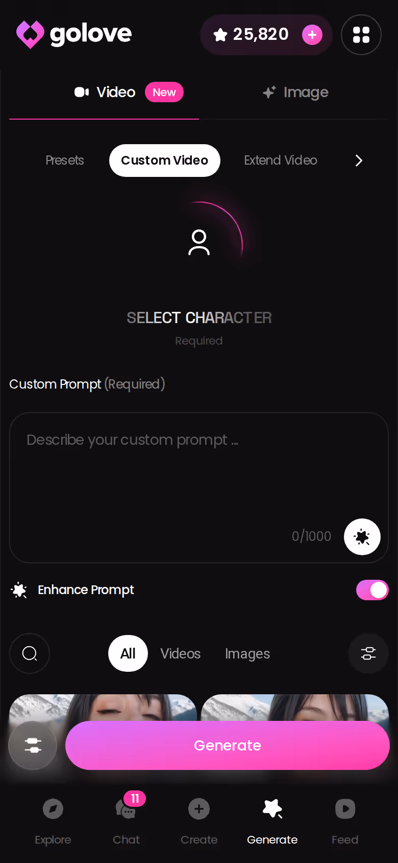 GoLove Video generator on mobile assembling a clip from action, clothes and background preset cards