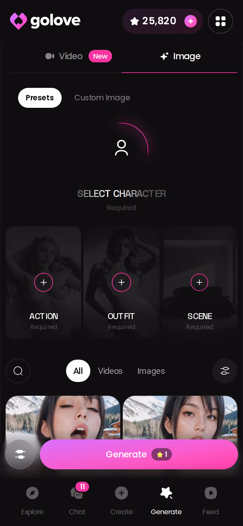 GoLove.ai Image mode on mobile with pose, outfit and background presets