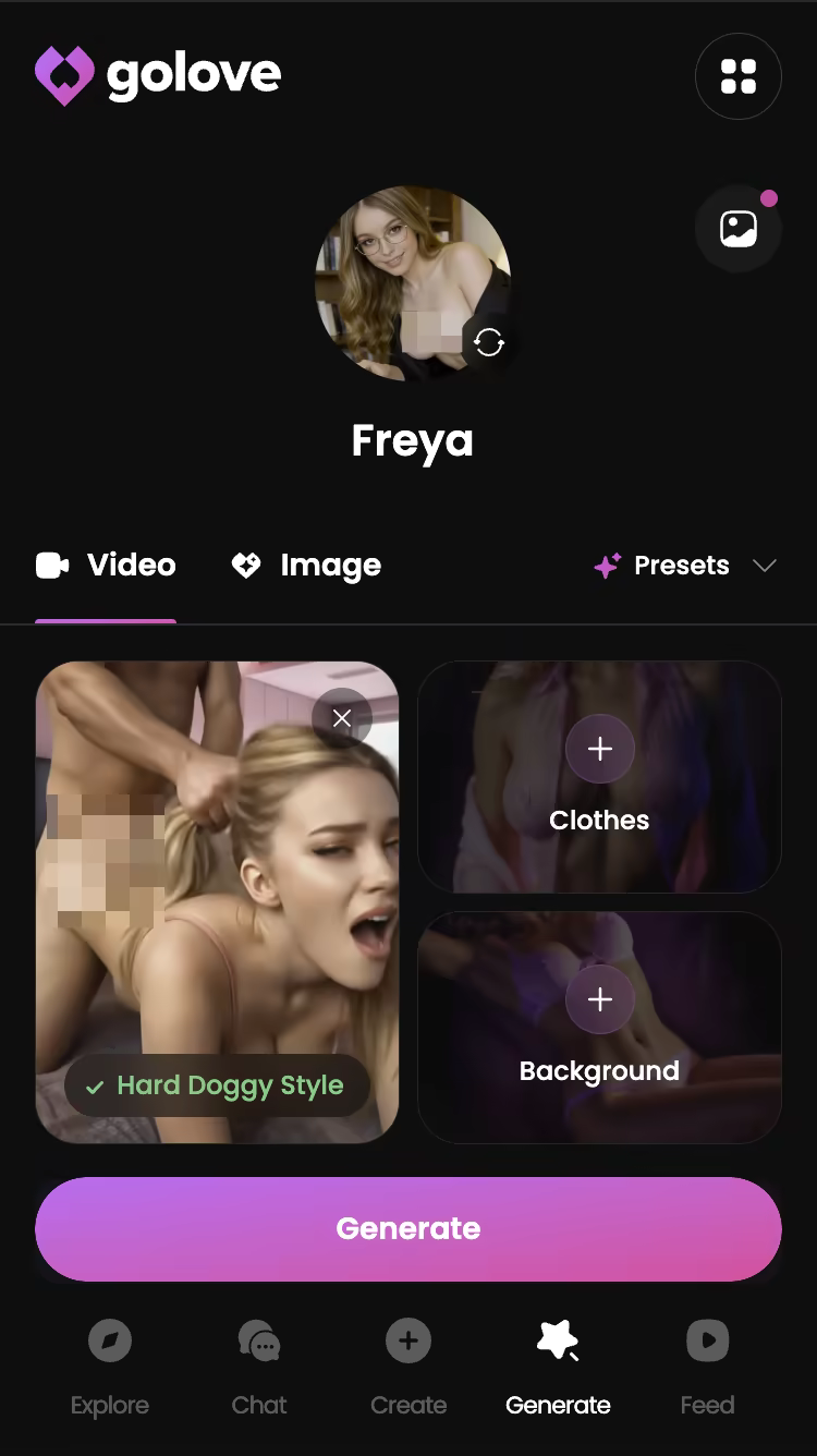 Explicit action preset selected in the GoLove.ai video generator — ai vr porn