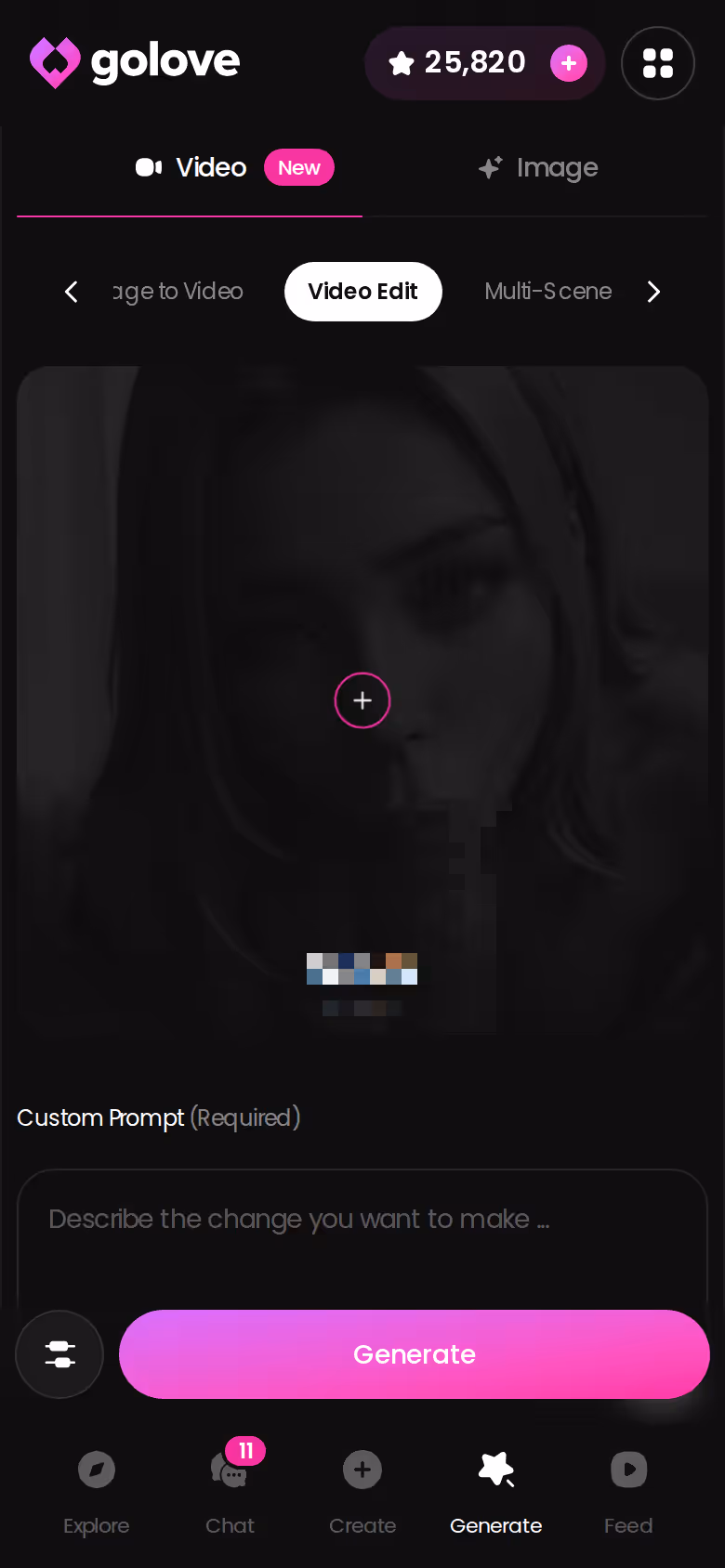 GoLove.ai Video Edit screen in the Generate tab on mobile